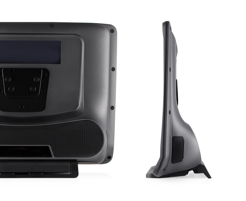 Vista trasera del dispositivo Tobii Dynavox TD I-16 AAC con ventana Partner, altavoz, placa de montaje y base ajustable