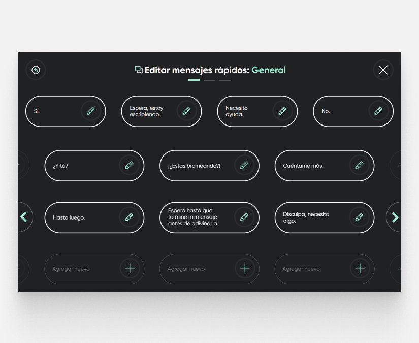 Captura de pantalla de Tobii Dynavox TD Talk enseñando mensajes rápidos