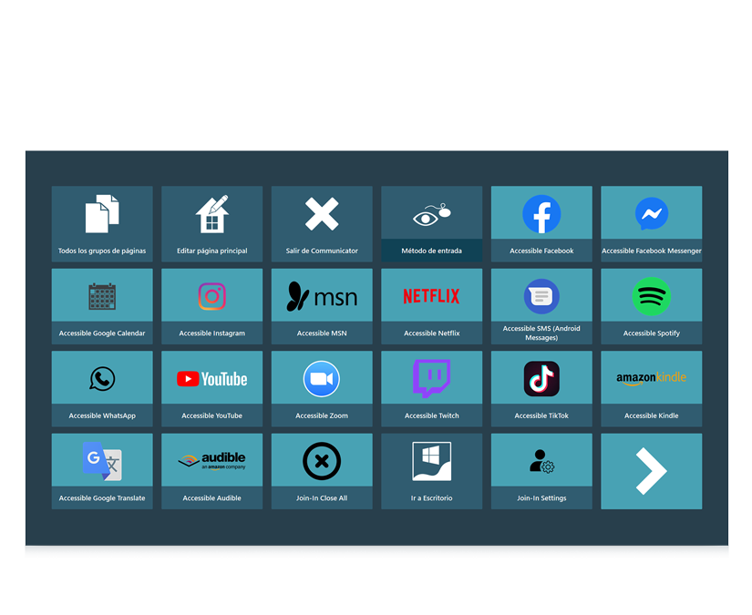 Captura de pantalla de la página de inicio de Aplicaciones Accesibles en Communicator 5 de Tobii Dynavox