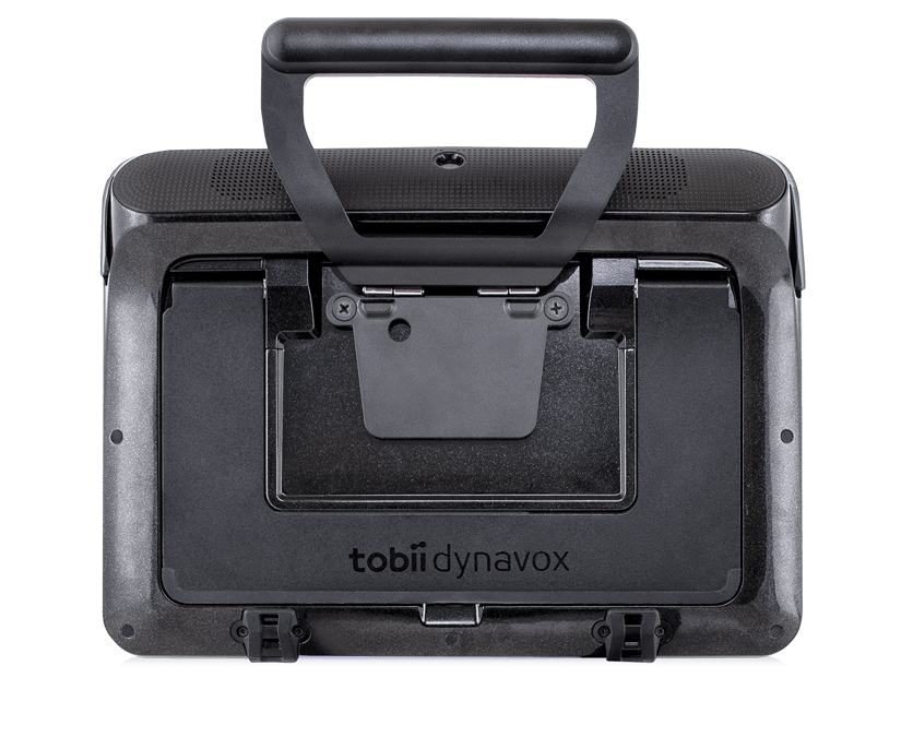Placa de montaje con asa de Tobii Dynavox colocada sobre un dispositivo I-110