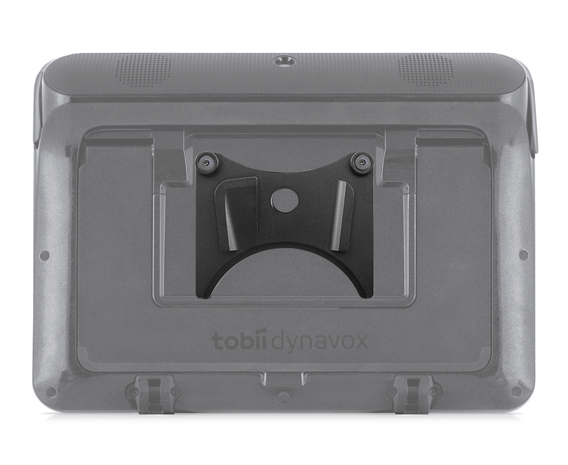 Placa adaptadora de liberación rápida Tobii Dynavox montada en la vista posterior del dispositivo.