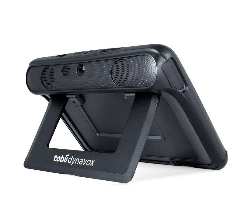 Vista trasera en ángulo del dispositivo de generación de voz Tobii Dynavox TD I-110 con altavoces