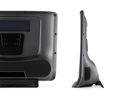 Vista trasera del dispositivo Tobii Dynavox TD I-16 AAC con ventana Partner, altavoz, placa de montaje y base ajustable