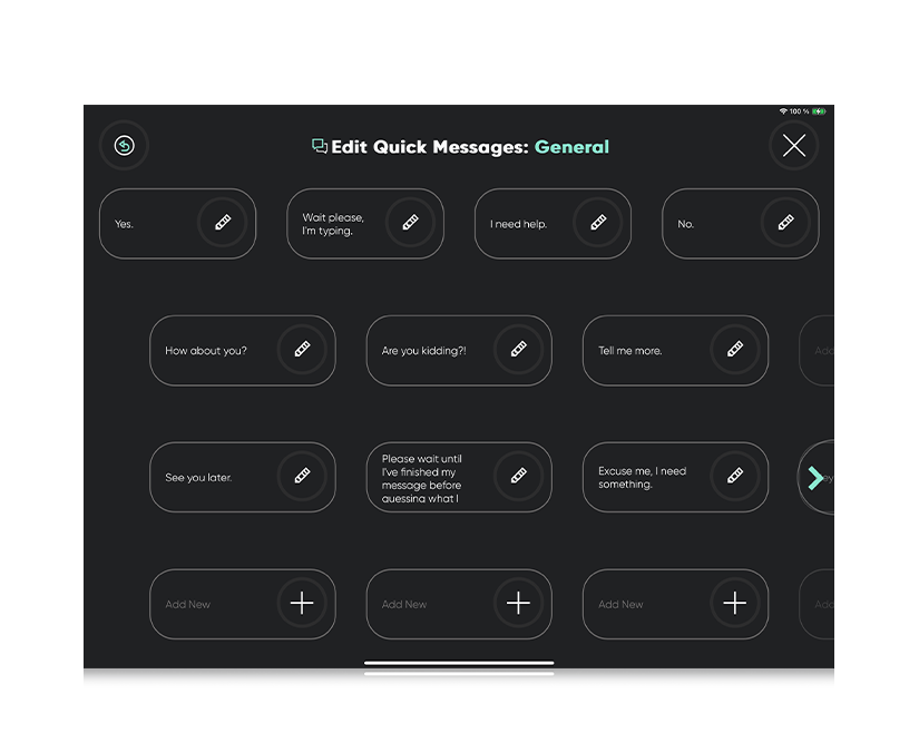 Captura de pantalla de Tobii Dynavox TD Talk enseñando mensajes rápidos