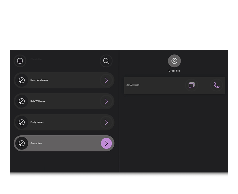 Captura de pantalla de una lista de contactos desplazable en TD Phone