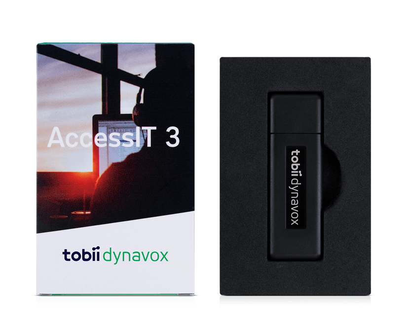 AccessIT de Tobii Dynavox dentro de la caja y frente de la caja