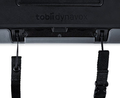 Primer plano de la carcasa resistente para I-110 de Tobii Dynavox con marco para fijar grillas integrado con correa para el hombro