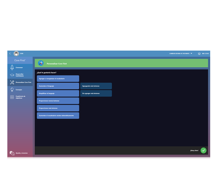 Opciones de personalización para Pathways for Core First