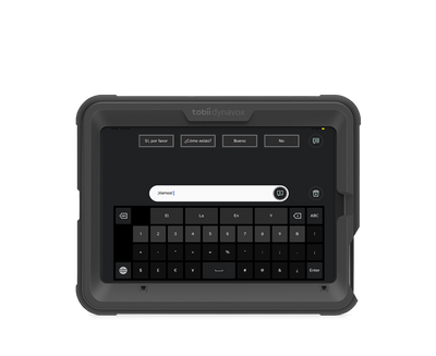 Vista frontal del Tobii Dynavox SC Tablet Mini con iPad y TD Talk.