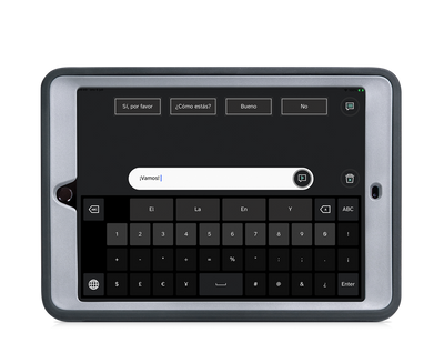 Tobii Dynavox TD Speech Case vista frontal con iPad utilizando TD Talk.
